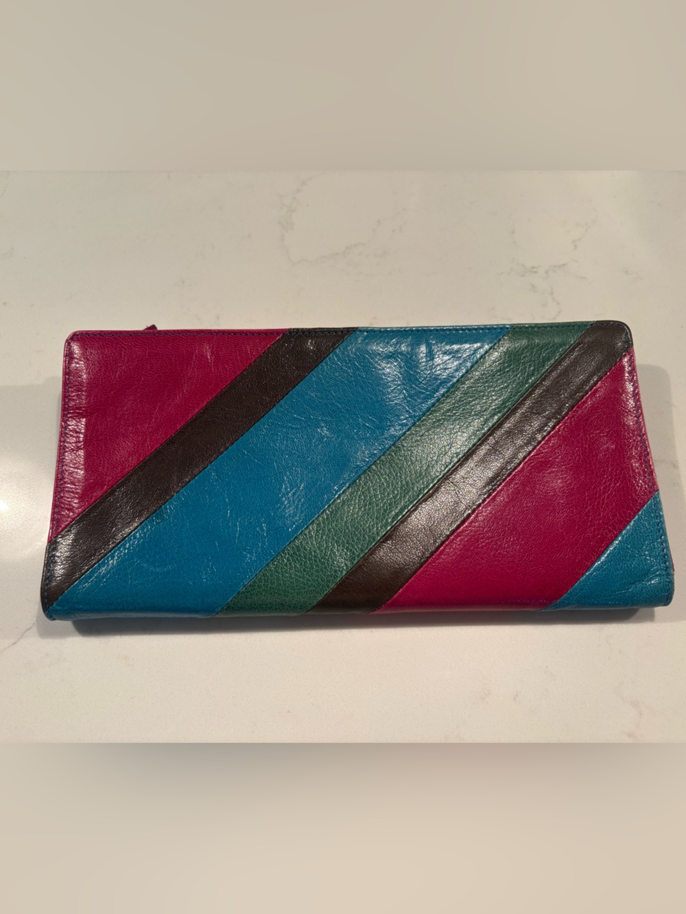 Leather Diagonal Stripe Clutch Wallet in Fuchsia, Teal, Green & Black